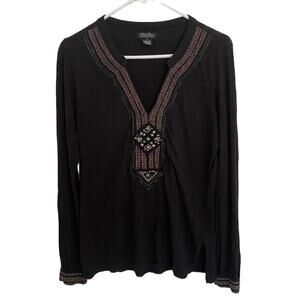 LUCKY BRAND LIVE IN LOVE boho embroidered hobo beaded neck long sleeve blouse M